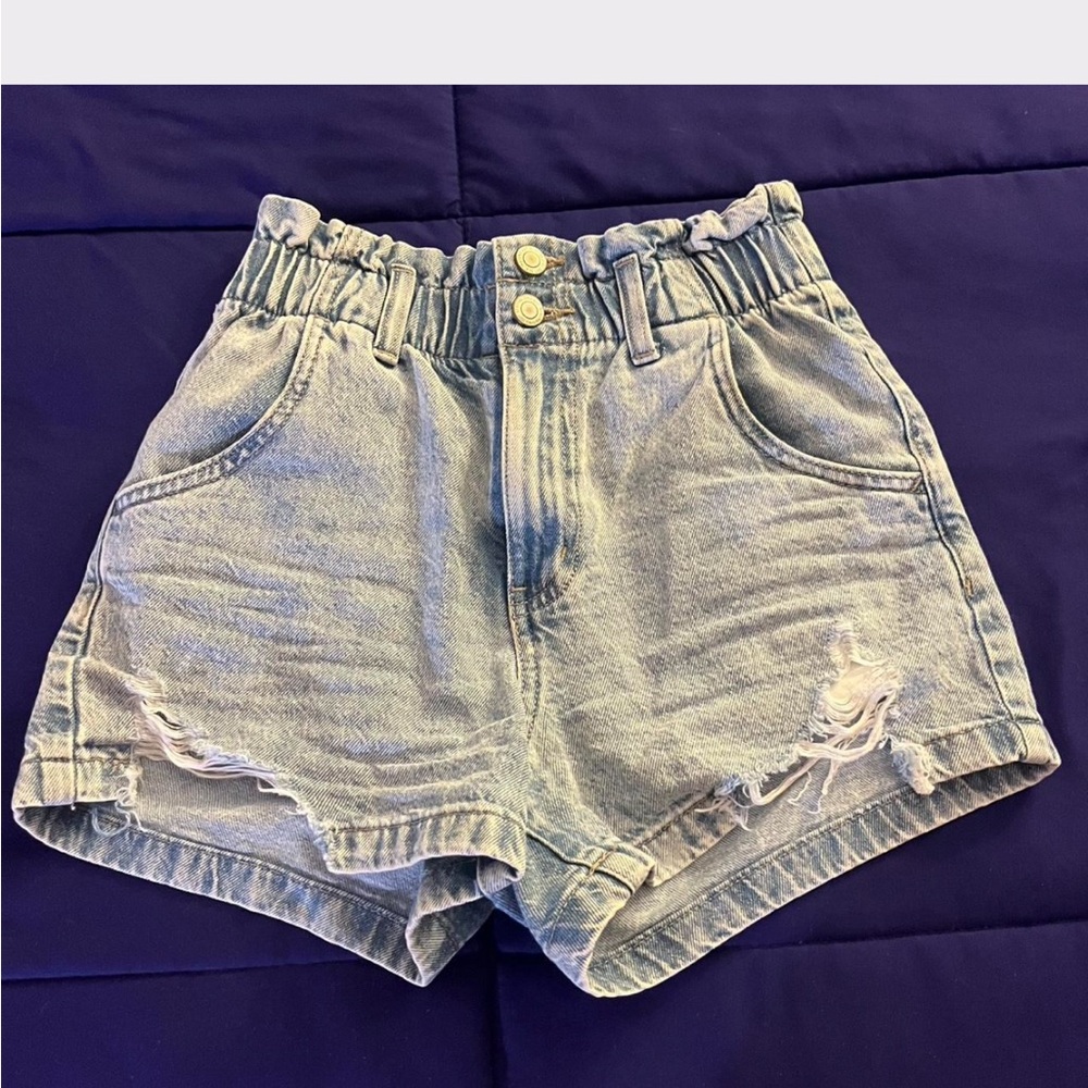 SO Casual Light Blue Distressed High Rise Mom Denim Shorts